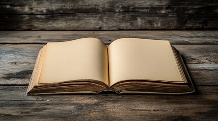 Obraz premium Open book with blank pages on a rustic wooden table.