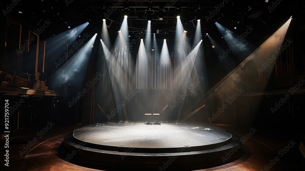 Poster empty stage illuminated by spotlights in a dark theater