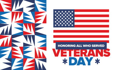 Veterans Day in United States. Federal holiday, celebrated annual in November 11. Honoring all who served. Patriotic american military concept. Poster, card, banner and background. Vector illustration