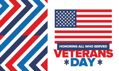 Veterans Day in United States. Federal holiday, celebrated annual in November 11. Honoring all who served. Patriotic american military concept. Poster, card, banner and background. Vector illustration