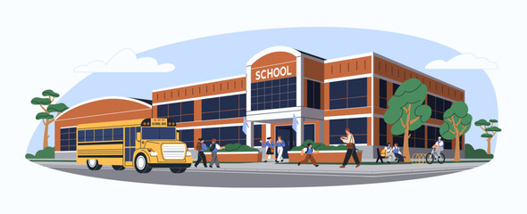 School house building with yellow bus in front of entrance. Children students walking on street, outdoors to schoolhouse. Kids at schoolyard. Flat vector illustration isolated on white background © Good Studio