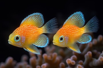Obraz premium A stunning close-up of two vibrant tropical fish swimming gracefully through a coral reef.