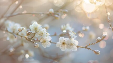 Delicate white blossoms glisten with dew, evoking a sense of tranquility and renewal. Soft bokeh enhances the serene atmosphere. 