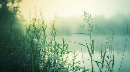 Obraz premium A serene landscape featuring tall grasses by a misty water body, evoking tranquility and calmness. 