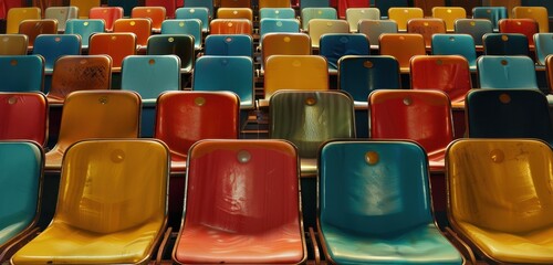 Naklejka premium Rows of Colorful Seats with Worn Leather and Metal Accents