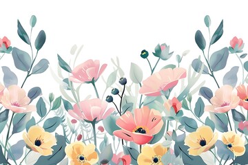 Obraz premium Floral background with colorful pastel flowers and green leaves vector illustration on a white background. Spring or summer floral border,