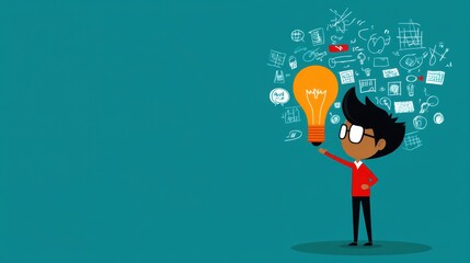 Bright Ideas - Cartoon Character in a Creative Brainstorming Session Surrounded by Abstract Doodles and Copy Space, Flat Design Illustration
