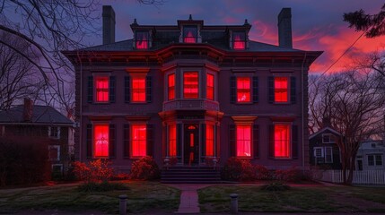 Ropes Mansion, a historic home in Salem Massachusetts, and a filming location for the movie Hocus Pocus, is illuminated with spooky red lights in the windows at night