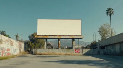 Obraz premium A blank billboard in a urban setting with graffiti-covered walls on the side, a palm tree and mountains in the background.