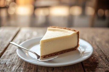 A slice of cheesecake with a fork on a white plate, on a rustic wooden table.