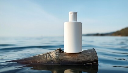 Fototapeta premium Cosmetic mockup, showing a plain white cosmetic product bottle with writing attached to it on wood in the middle of the water. Templates