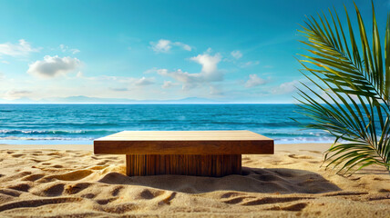 Fototapeta premium Beach Empty Podium with palm tree, summer product background 