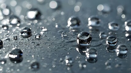 Close-up of crystal-clear water droplets resting on a smooth, reflective surface, catching the morning light 
