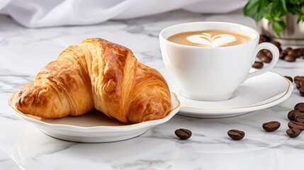 Freshly baked croissants on a marble countertop with a cup of coffee