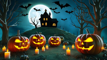 Halloween celebration concept with backlit scary orange pumpkins in Spooky scary dark night forest