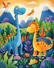 Obraz premium Two friendly dinosaurs stand in a lush prehistoric landscape.