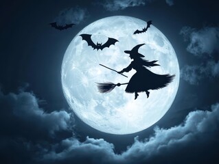A mystical silhouette of a witch flying on a broomstick under a full moon, surrounded by bats and clouds, perfect for Halloween themes.