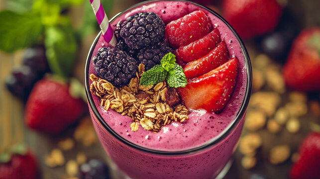 Acai smoothie is a healthy drink made with acai berries. It's often served with fruit and granola on top.