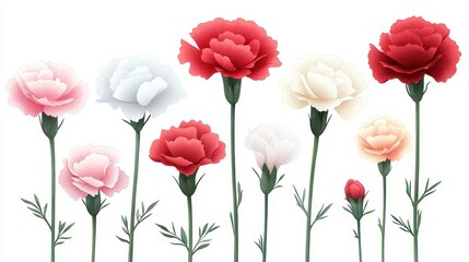 Obraz premium Watercolor carnation clipart in various colors, including pink, red, and white