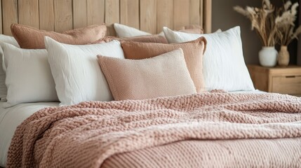 Bed with a soft pink blanket and an array of pillows, creating a cozy and luxurious setting.