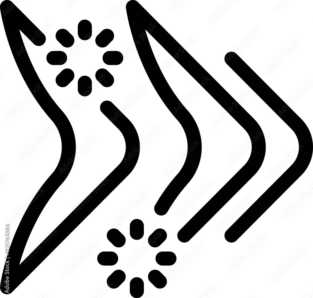 Poster bold black icon of three arrows pointing right with loading circles, perfect for representing fast d