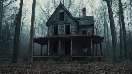 Creepy abandoned house in the middle of the woods, surrounded by ominous trees.