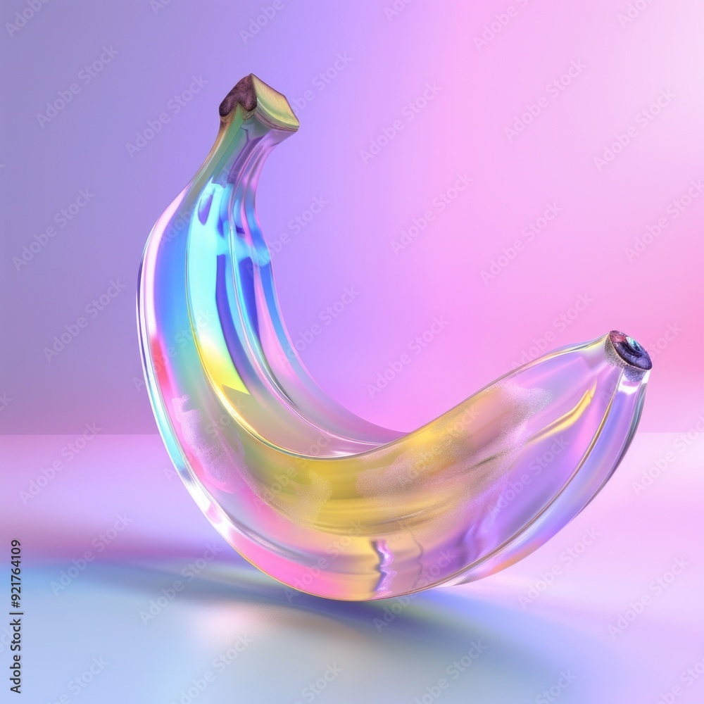 Poster A colorful, translucent banana sculpture reflecting light in a soft gradient background.