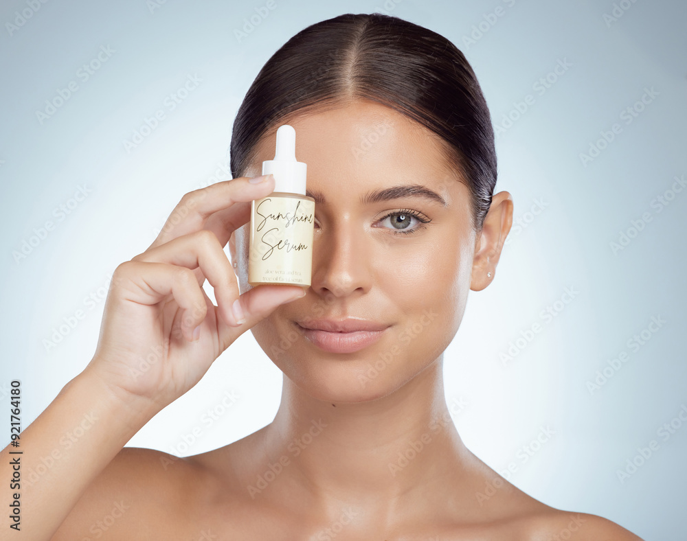 Sticker Portrait, skincare and woman with serum bottle by eye for vitamin c and cosmetic beauty. Face, product or show hyaluronic acid, essential oil or chemical peel for benefits on white studio background.