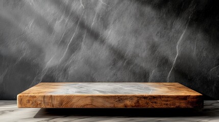 Empty wooden table with a subtle marble background, ideal for showcasing products or designs.