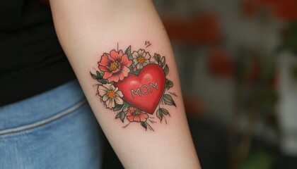 A vibrant red heart tattoo adorned with flowers and the word mom on a forearm