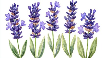 Naklejka premium Watercolor lavender clipart with delicate purple flowers and green stems