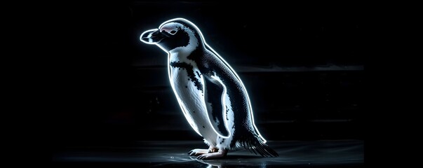 Glowing Neon Penguin Waddling Adorably Against Black Backdrop