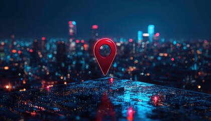 Digital cityscape at night with a location pin above a glowing urban landscape