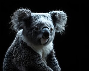 Fototapeta premium Neon Koala Sitting Calmly on Dark Background with Copy Space