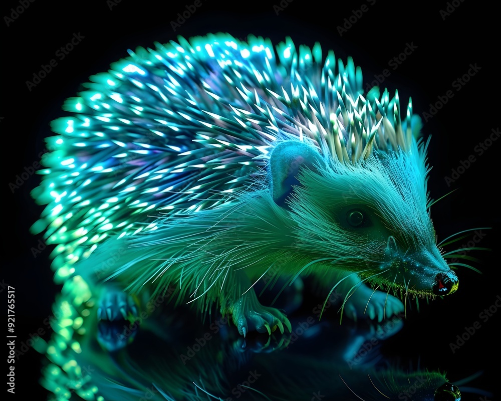 Poster Neon Hedgehog with Glowing Spines on Isolated Black Background