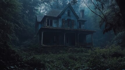Spooky haunted house nestled in dark, dense woods, with an eerie atmosphere.