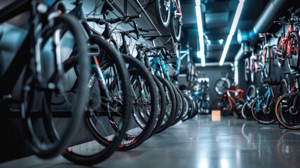 Bicycle sales showroom, in the middle of the showroom there is a large and bright display area displaying various types of bicycles