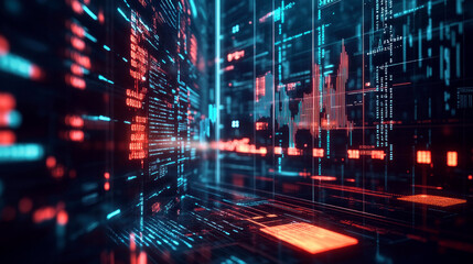 Fototapeta premium Abstract digital background with glowing lines and data streams in red and blue colors.