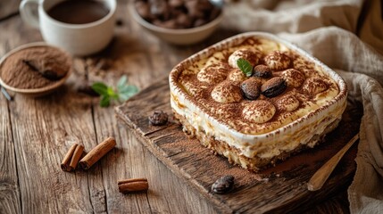 Traditional Italian tiramisu on a wooden surface, with rich textures and a cozy, rustic ambiance.