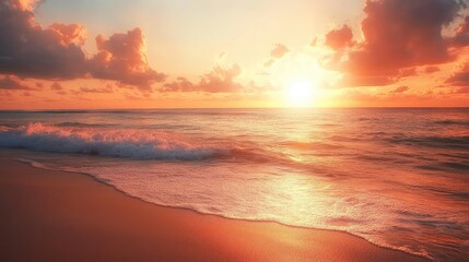 Tranquil beach at sunset, with soft waves and a sky painted in shades of orange and pink.