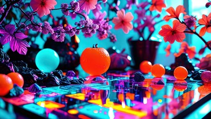 Abstract Neon Still Life with Flowers and Spheres.