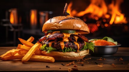 Gourmet burger with a side of sweet potato fries
