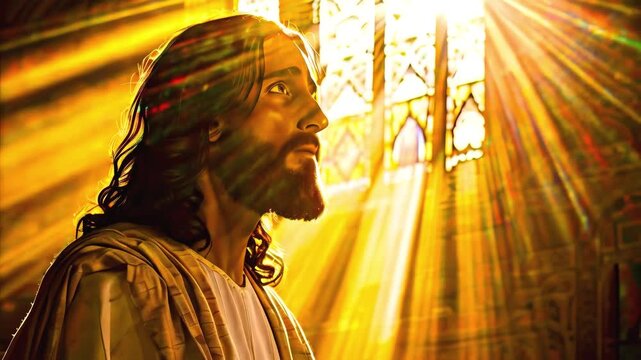 Jesus Portrait with Spiritual Light in Church Window 4k new stock video footage AI
