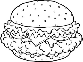 Vector Cartoon Hand Drawn Crispy Chicken Burger With Mayo Tomato Cheese Mustard And Lettuce Line Art