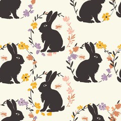Seamless pattern of Easter bunny silhouettes and floral wreaths