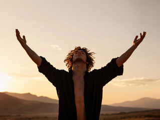  Man Celebrating Freedom with Open Arms at Sunset
