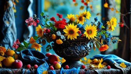 Autumnal Still Life with Sunflowers and Fruit.