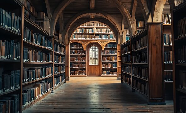 A long hallway lined with wooden bookshelves filled with books, leading to a door and window.