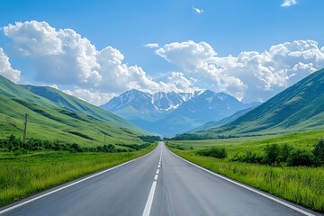 Naklejka premium Empty asphalt road leading through a valley with green hills and snow-capped mountains under a blue sky with fluffy clouds.