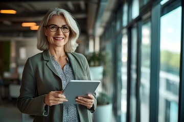 Fototapeta premium Confident Middle Aged Professional Woman Using Digital Tablet in Office